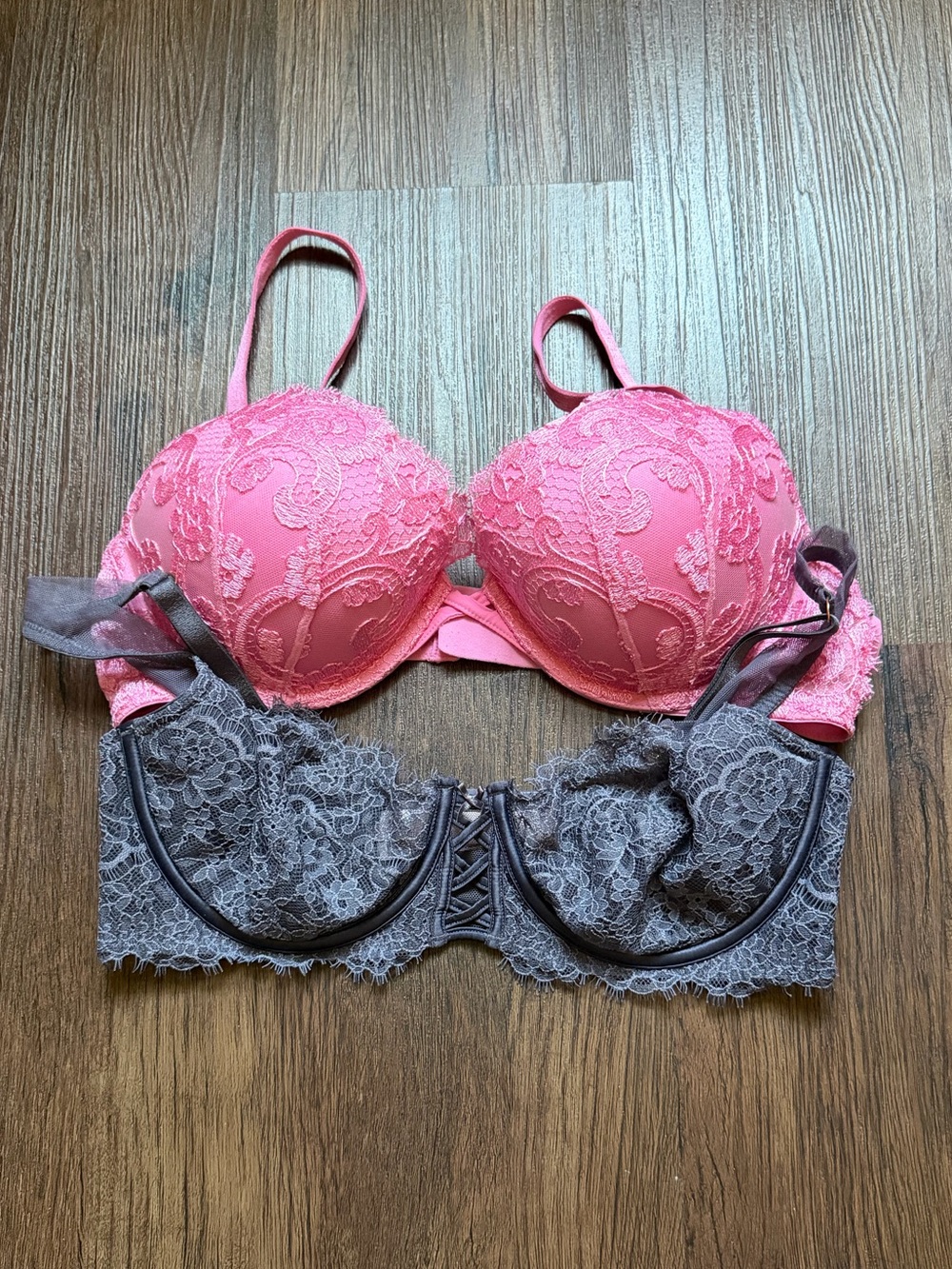 Victoria's Secret Pink Embroidered and Gray Lace Bra Set